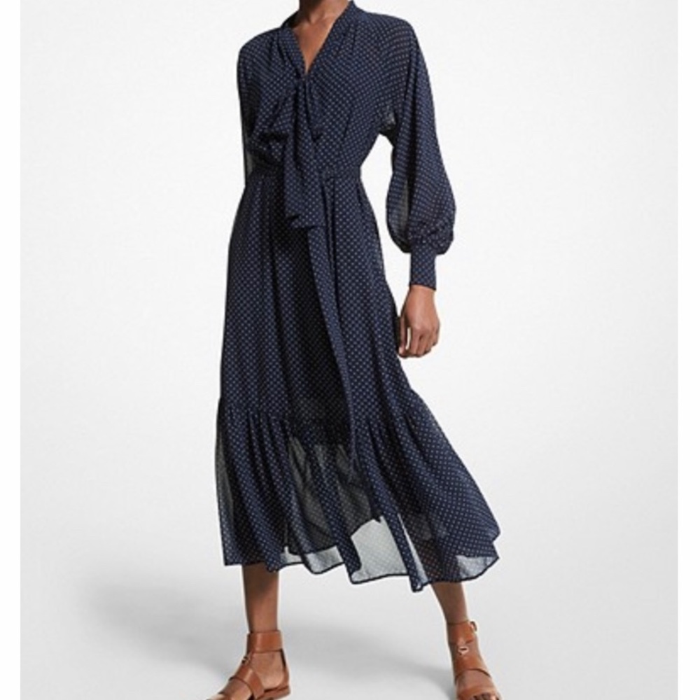 Michael Kors Polka Dot Georgette Tie-Neck Dress
